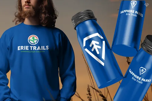 Erie Trails logo on a sweatshirt and water bottles